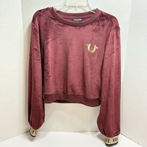 True Religion Women's L Burgundy Velour Cropped Sweatshirt Gold Logo Cuffs